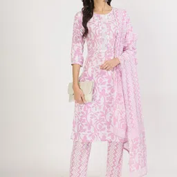 KALINI Floral Printed Pure Cotton Kurta With Trousers & Dupatta-picture-52