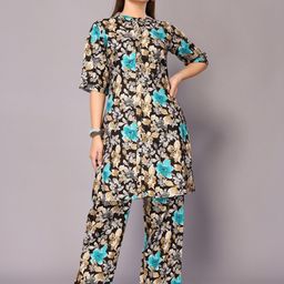SUNDARNAARI Floral Printed Mandarin Collar Tunic & Trouser-image-0