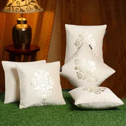HOSTA HOMES Cream & Silver Set of 5 Ethnic Motifs Velvet Square Cushion Covers-48
