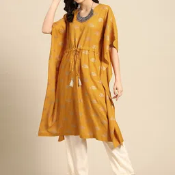 Sangria Women Mustard Yellow & Golden Ethnic Motifs Printed Kaftan Kurta-image-43