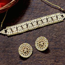 KARATCART Gold-Plated White Kundan-Studded & Beaded Handcrafted Jewellery Set-image-73