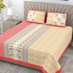 JAIPUR FABRIC Yellow Ethnic Motifs Cotton 300 TC King Bedsheet with 2 Pillow Covers-image-13