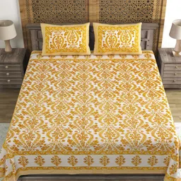Sangria Yellow & White Floral-Printed Cotton 210 TC King Bedsheet With 2 Pillow Covers-image-13