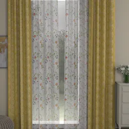 ROSARA HOME Mustard & White Set of 4 Floral Printed Long Door Curtain-23