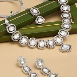 AMI Silver Plated Artificial Stones-Studded Necklace and Earrings With Maang Tika-image-97