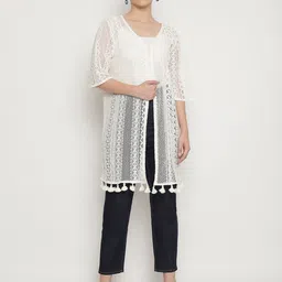 UnaOne Women Self Design Lace Open Front Pure Cotton Longline Shrug-86
