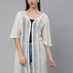 UnaOne Self Design Front Open Pure Cotton Longline Shrug-82