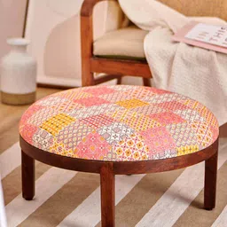 Chumbak Brown & Pink Printed Round Shaped Leg Ottoman-image-28