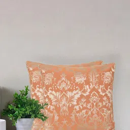Home Peach & Gold-Toned Ethnic Motifs Jacquard Square Cushion Cover-10