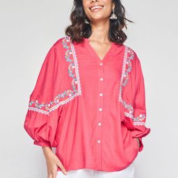 Global Desi Floral Embroidered Mandarin Collar Shirt Style Top-image-39