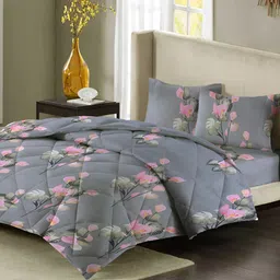 bsb home Grey Melange & Pink Floral Microfiber Double King Superfine Bedding Set-42