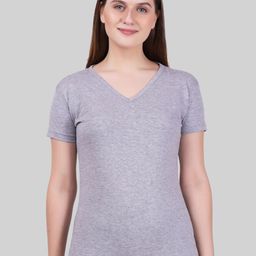 Fleximaa Women Grey Melange V-Neck T-shirt-image-75
