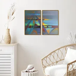 999Store Set of 2 Grey & Blue Printed Abstract Painting Wall Art-7