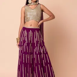 Indya Luxe Women Purple & Gold-Toned Embroidered Mirror Work Ready to Wear Lehenga Set-picture-0