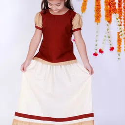 VASTRAMAY Girls Maroon & Cream-Coloured Pavda Pattu Ready To Wear Lehenga Choli Set-image-57