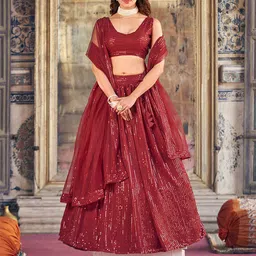 SHOPGARB Embroidered Sequinned Semi-Stitched Lehenga & Unstitched Blouse With Dupatta-image-31
