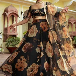 FABPIXEL Floral Printed Sequinned Semi-Stitched Lehenga & Unstitched Blouse With Dupatta-picture-9