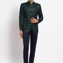 KLOTTHE Men Green Printed Slim-Fit Single breasted two-piece Bandhgala Party Suit-image-16