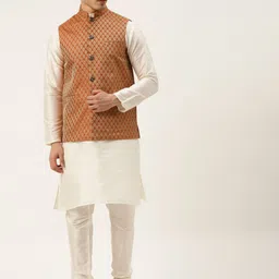 SOJANYA Men Off White Ethnic Motifs Kurta with Churidar & Nehru Jacket-20