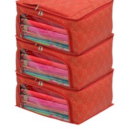 Kuber Industries Set Of 3 Red Printed Saree Organiser-27
