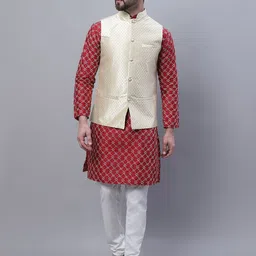 SOJANYA Mandarin Collar Embroidered Thread Work Kurta with Churidar & Nehru Jacket-picture-12
