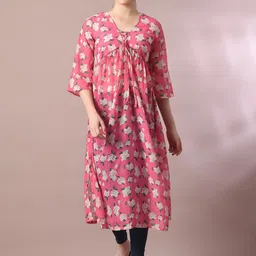 HERE&NOW Pink Floral Printed V-Neck Flared Sleeves Georgette A-Line Nyra-Cut Kurta-picture-18