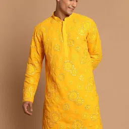 SHRESTHA BY VASTRAMAY Men Yellow Floral Embroidered Mirror Work Georgette Kurta-picture-12