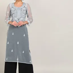 VAHSON Ethnic Motifs Embroidered Chikankari Kurta-image-8