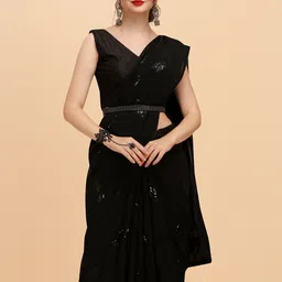 Sangria Black & Silver-Toned Embellished Sequinned Pure Georgette Saree-picture-16