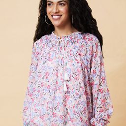 Globus White Floral Print Tie-Up Neck Top-image-49