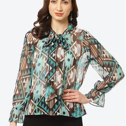 Kurti's by Menka Green & Black Printed Tie-Up Neck Georgette Top-image-94