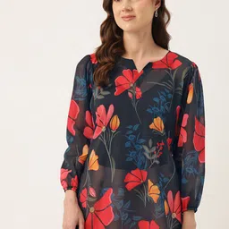 Sleek Italia Floral Printed Notched Neck Puff Sleeve Georgette Top-picture-16
