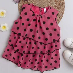 KiddoPanti Girls Polka Dot Printed Sleeveless Layered Georgette Top-image-2