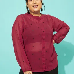 QUIERO MAS Plus Size Printed Mandarin Collar Puff Sleeves Georgette Regular Top-picture-18