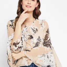 Bitterlime Women Brown & Black Floral Printed Bell Sleeves Georgette Top-image-5