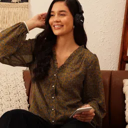 QUIERO Mustard Animal Printed Ruffles Georgette Top-image-46