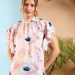 SASSAFRAS Floral Printed Flared Sleeve Smocked Top-image-27