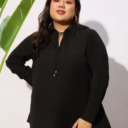 SASSAFRAS Curve Plus Size Tie-Up Neck High-Low Georgette Top-image-81
