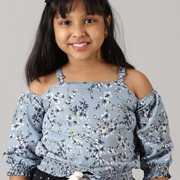 KiddoPanti Girls Shoulder Straps Floral Printed Georgette Top-image-40
