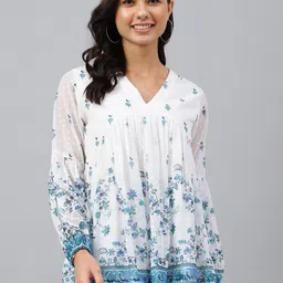 Janasya Women's White Georgette Digital Print Flared Top-picture-7