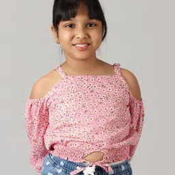 KiddoPanti Girls Cold-Shoulder Sleeves Floral Printed Georgette Crop Top-image-9