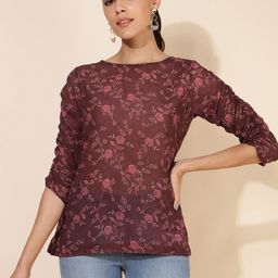 Janasya Brown Floral Printed Georgette Ruched Top-image-88