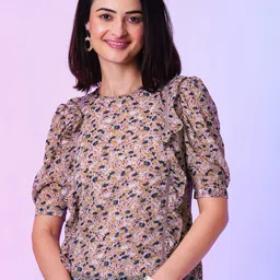 Globus Floral Print Puff Sleeves Ruffle Detail Semi Sheer Top-picture-4