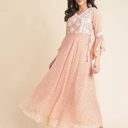NAINVISH Floral Printed & Embroidered Bell Sleeves Georgette Flared Maxi Ethnic Dress-image-13