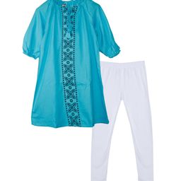 KiddoPanti Girls Ethnic Motifs Printed Puff Sleeves Tie-Up Neck Kurta with Leggings-20