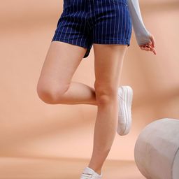 Freehand by The Indian Garage Co Women Blue Striped Slim Fit High-Rise Shorts-image-36
