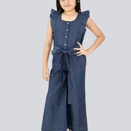 Olele Girls Ruffled Square Neck Waist Tie-Ups Cotton Basic Jumpsuit-11