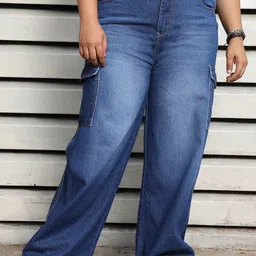 Freeform by High Star Women Plus SIize Wide Leg Light Fade Pure Cotton Cargo Jeans-image-18