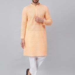 See Designs Men Peach Chikankari Embroidered Straight Cotton Kurta-50