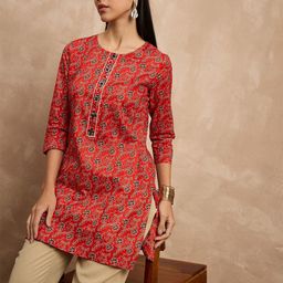 all about you Ethnic Motifs Printed Mirror Work Pure Cotton Straight Kurti-image-29